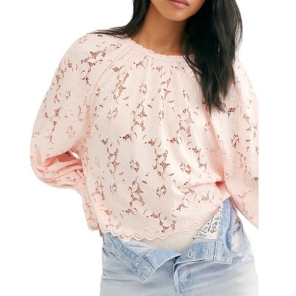 Free People Tops - Free People Pink Lace Blouse Top Sz M Sheer Floral Lace Scallop Hem Boho